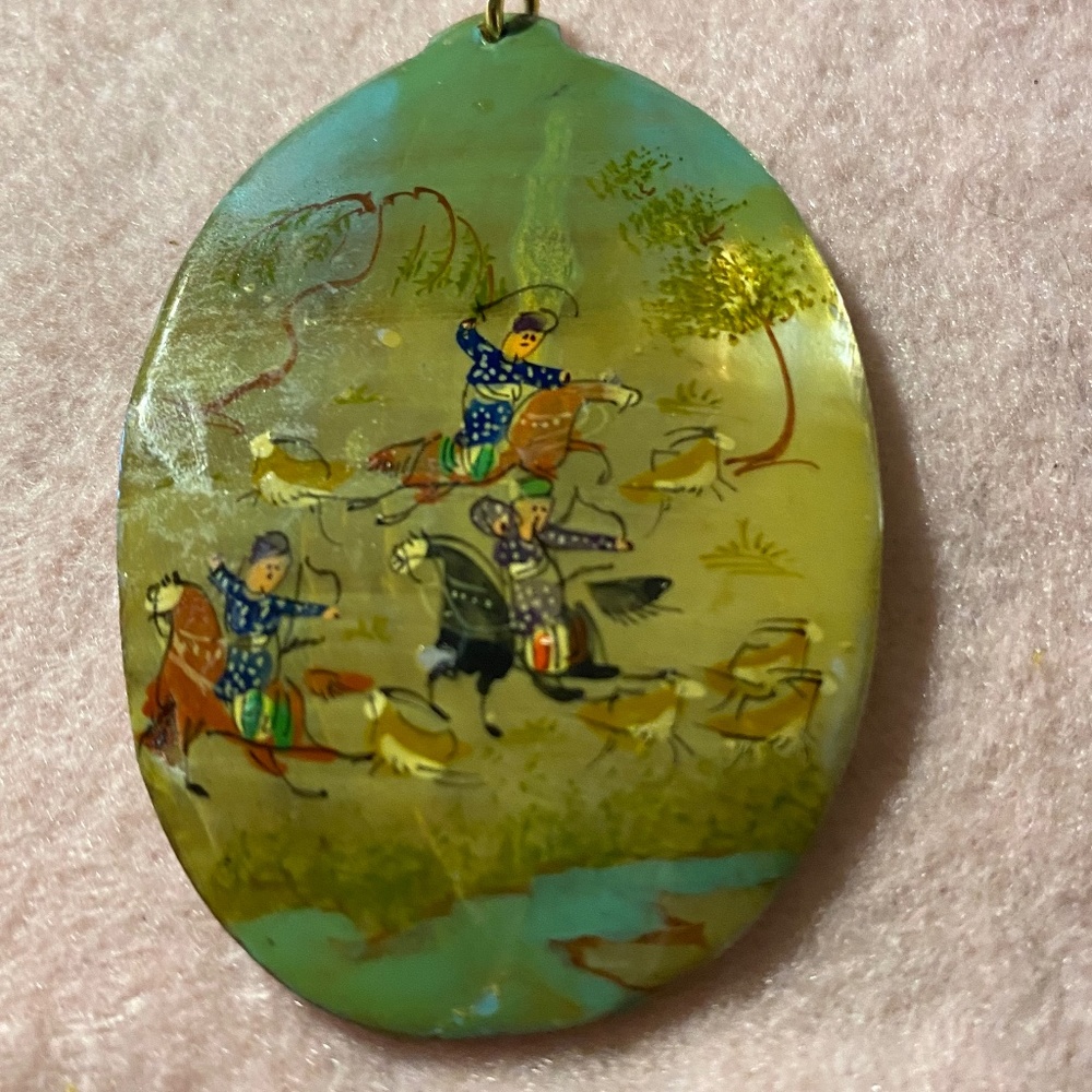Vintage Hand Painted on Mother of Pearl Persian or Chinese  Pendant